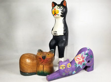 Set of 3 Whimsical Hand Painted Folk Art Wooden Cat Figures ca. 20th century