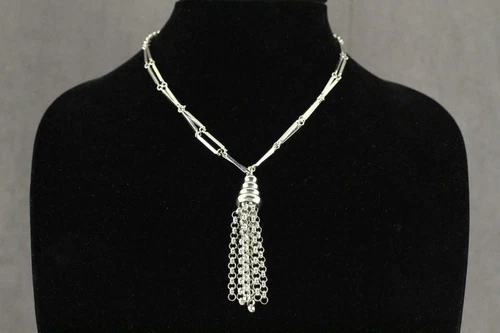Vintage Costume Jewelry SPERRY Chrome Plated TASSEL Necklace Silver Tone Metal