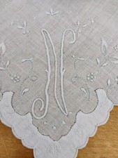 Vgt N Monogram White Embroidery White Linen Hankie Handjerchief