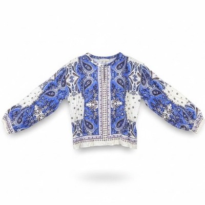 Loft Womens Blue & White Floral Boho Printed Long Sleeve Blouse Lightweight Sz L