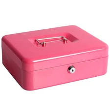 Cash Box with Money Tray Key Lock Large 9.8x7.9x3.5 Inch Pink Metal Safe