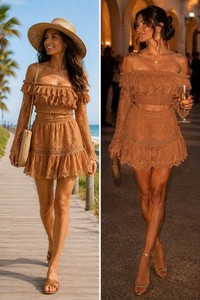 New With Tags Two Piece SKIRT SET CAMEL COLOR LACE OFF SHOULDER SIZE SMALL