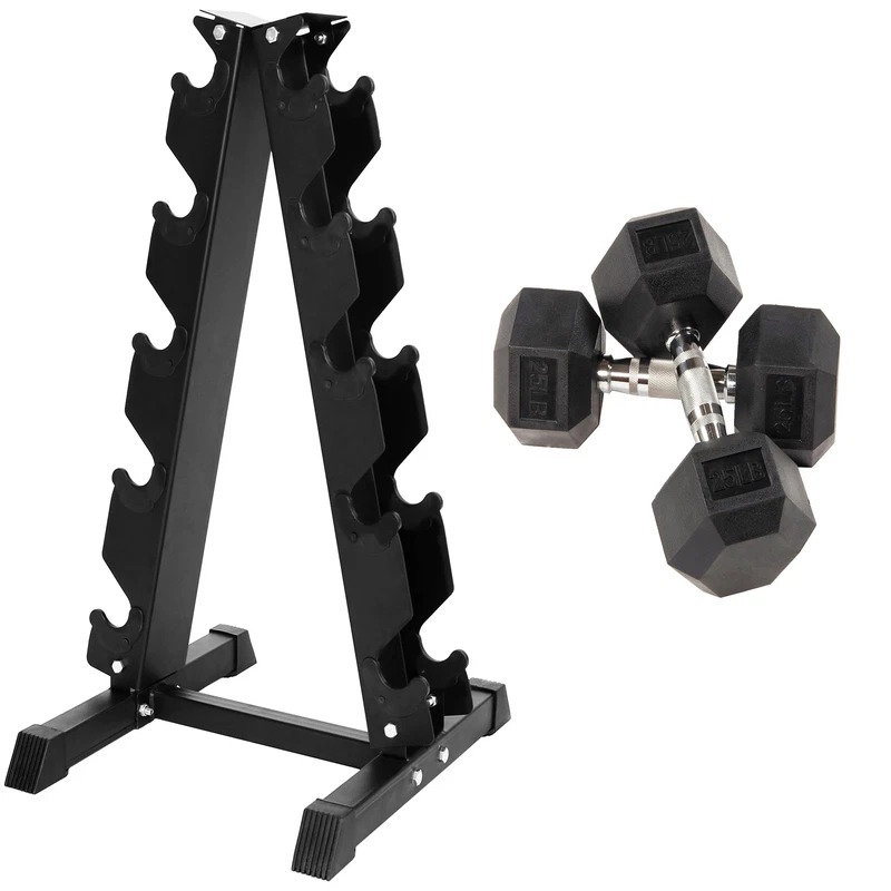 Fitvids Rubber Encased Hex Dumbbell 25Lb Pair A-Frame Rack
