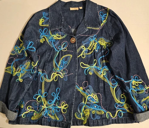Choices Women's Size Large Jean Jacket Boho Floral Embroidered Blue Denim