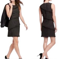 Ann Taylor Elegant Black Sleeveless Tweed Fringe Trim Sheath Dress Business Cas