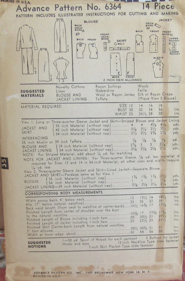 Vintage 50s Advance 6364 Womens 16 B34 Suit Skirt Blouse Jacket Pattern COMPLETE - Image 2 of 2