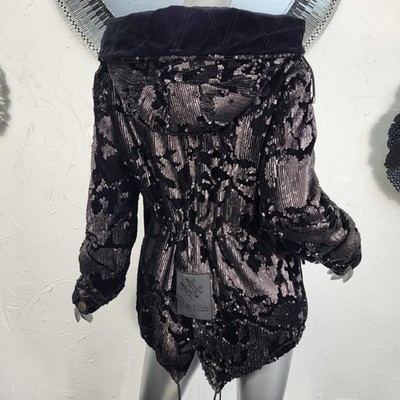 NWT~$2590~MR & MRS ITALY~S/M~BLACK VELVET SEQUIN HOODED PARKA COAT NO FUR