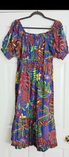 Indigo Rose Midi Dress Large Blue Puff Sleeves Tropical Prairie Peasant Boho