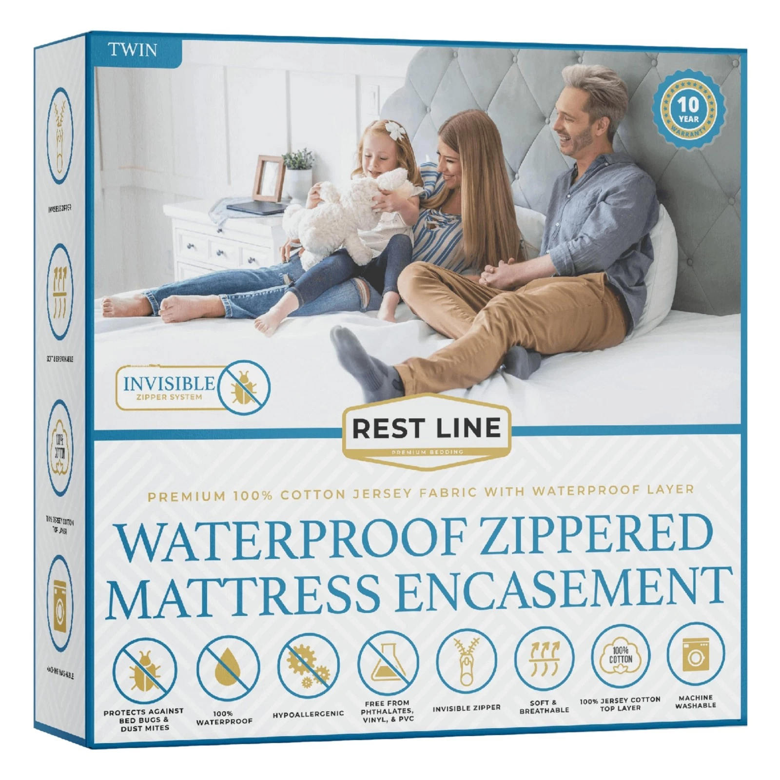 Twin Size 39x75” Premium Waterproof Zippered Mattress Encasement, 100% Cotton...