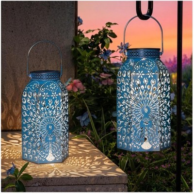 Peacock Solar Lanterns Outdoor Waterproof - 2Pack Blue Gold