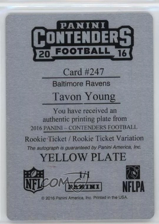 2016 Contenders Ticket Printing Plate Yellow 1/1 Tavon Young Rookie Auto RC 1cw4 - Image 2 of 3