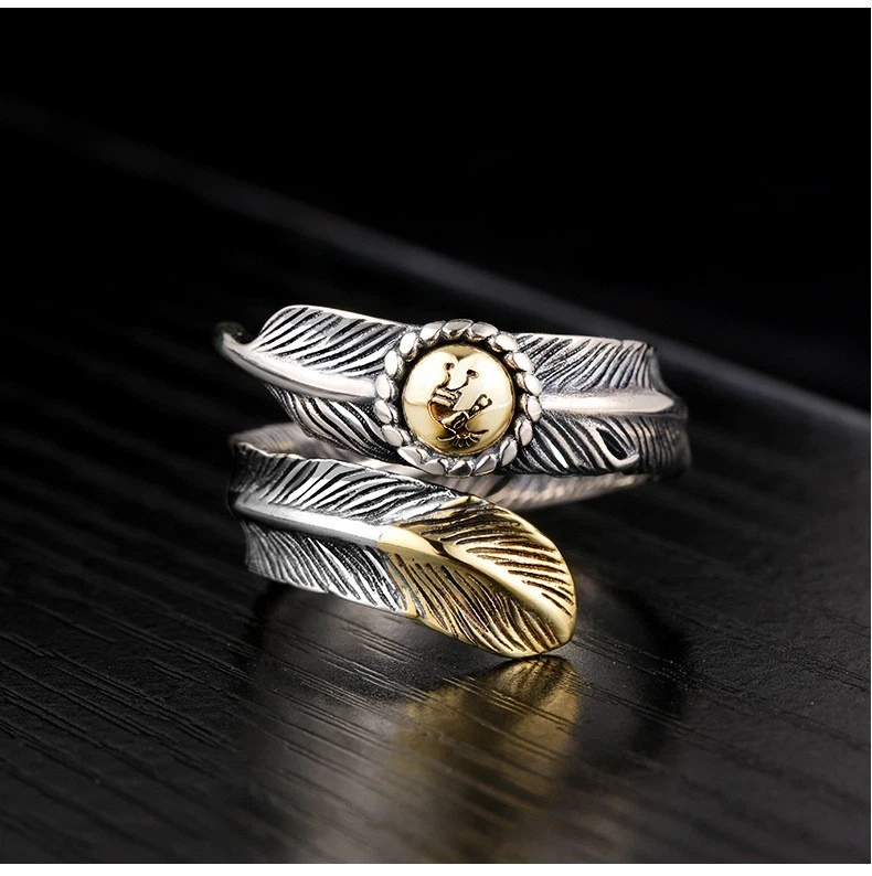 Anillo Kokopelli Pluma Vintage, Base Cobre Chapado en Plata, Retro Bohemio Foto 3 de 4