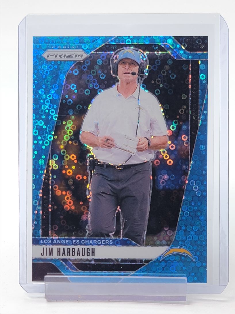JIM HARBAUGH 2024 PANINI PRIZM BLUE NO HUDDLE DISCO CHARGERS /99 Q0266