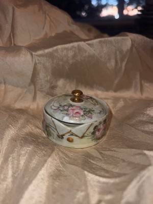 Antique Victorian Hand Painted Pink Roses Trinket Box by Artist Una Marshall