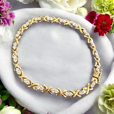 CZ Tennis Bracelet Hugs & Kisses Pattern Signed Gold Over 925 Sterling Silver