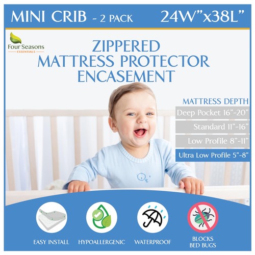 2 Pack Mini Crib Mattress Protector Waterproof Zippered Encasement Cover for ...