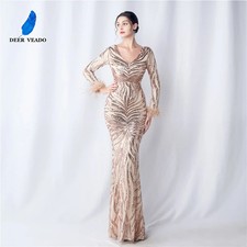 V Neck Sequin Evening Dress with Full Sleeves Women Formal Gala Party Maxi Gown