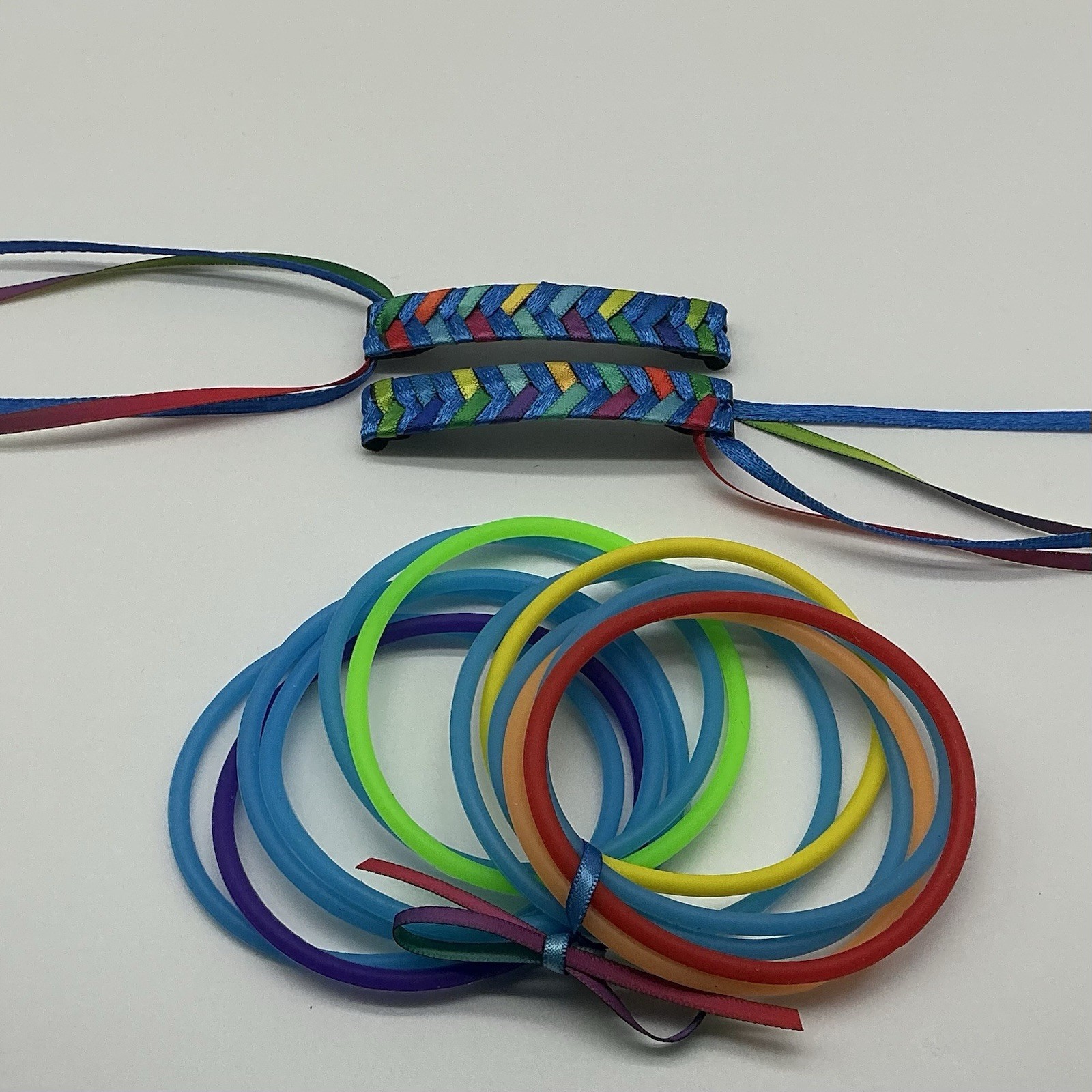 Blue And Rainbow 80s Barrettes And 12 Blue And Rainbow Colored Jelly Bracelets