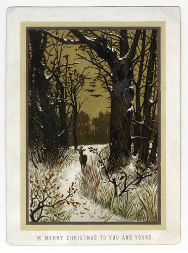 Victorian CHRISTMAS Forest at Night DEER Walking VICTORIAN Greeting Card 1880's