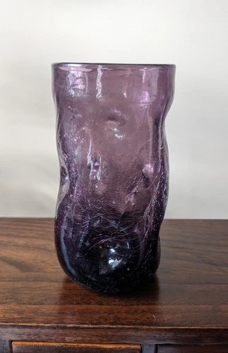 Vintage Blenko Tumbler Drinking Glass - Pinched Crackle Glass - Amethyst Purple