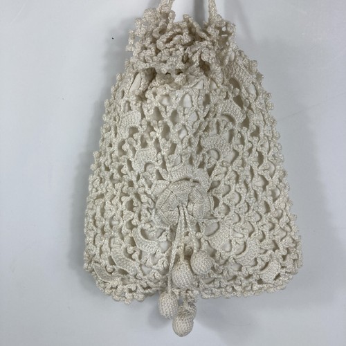 Antique Reticule Crochet Drawstring Miser Purse White Lined Puffy Tassels Poms - Picture 6 of 14
