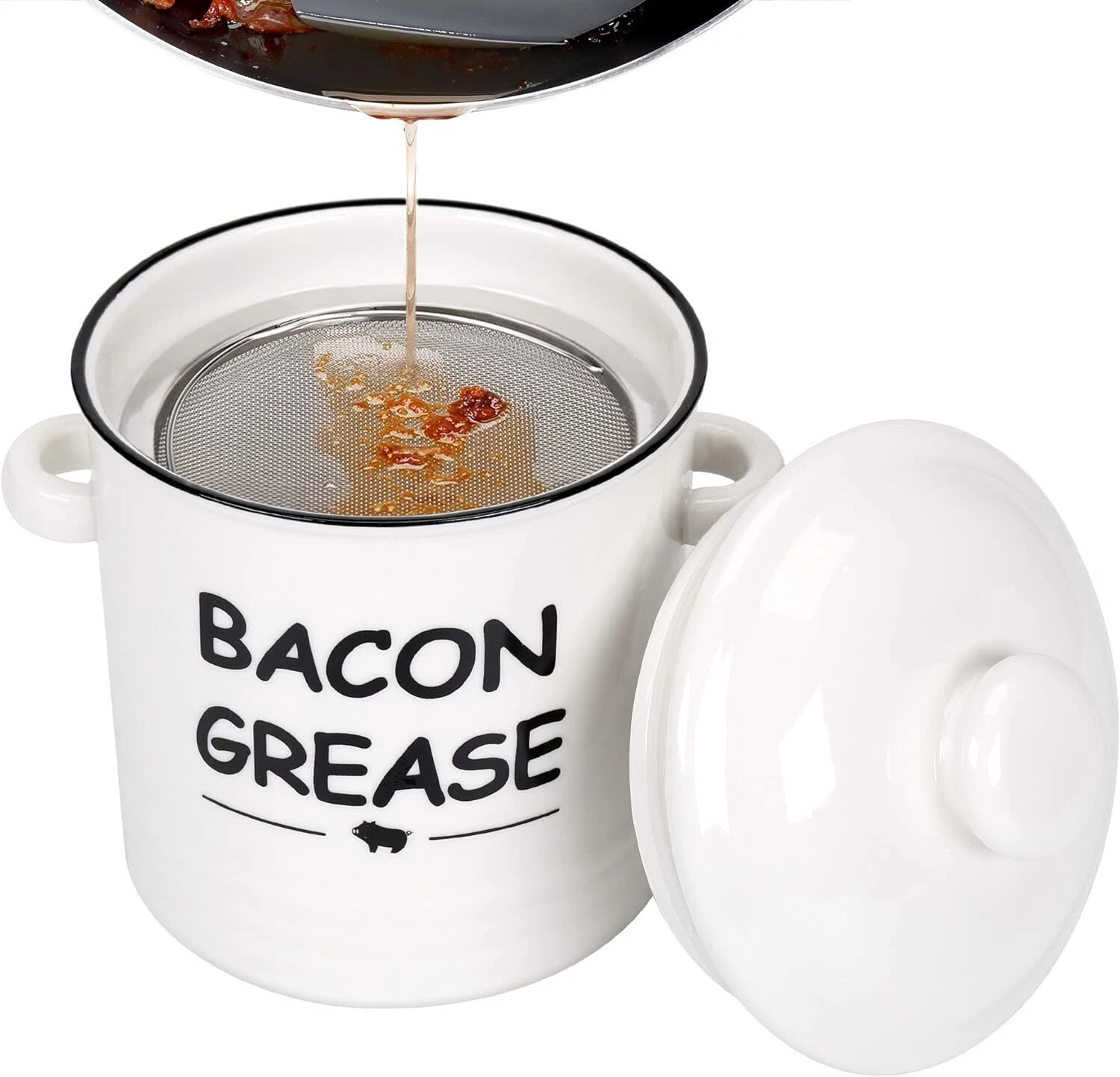 Ceramic Bacon Grease Container with Strainer - 20oz Farmhouse Bacon Grease