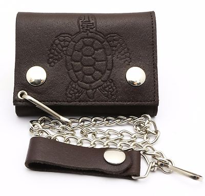 Trifold Brown Leather Biker Chain Wallet Embossed Sea Turtle Design