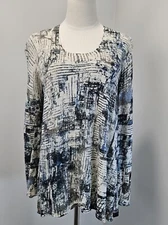 Nic Zoe Womens Scoop Neck Sweater Medium Linen Blend Abstract Art Print