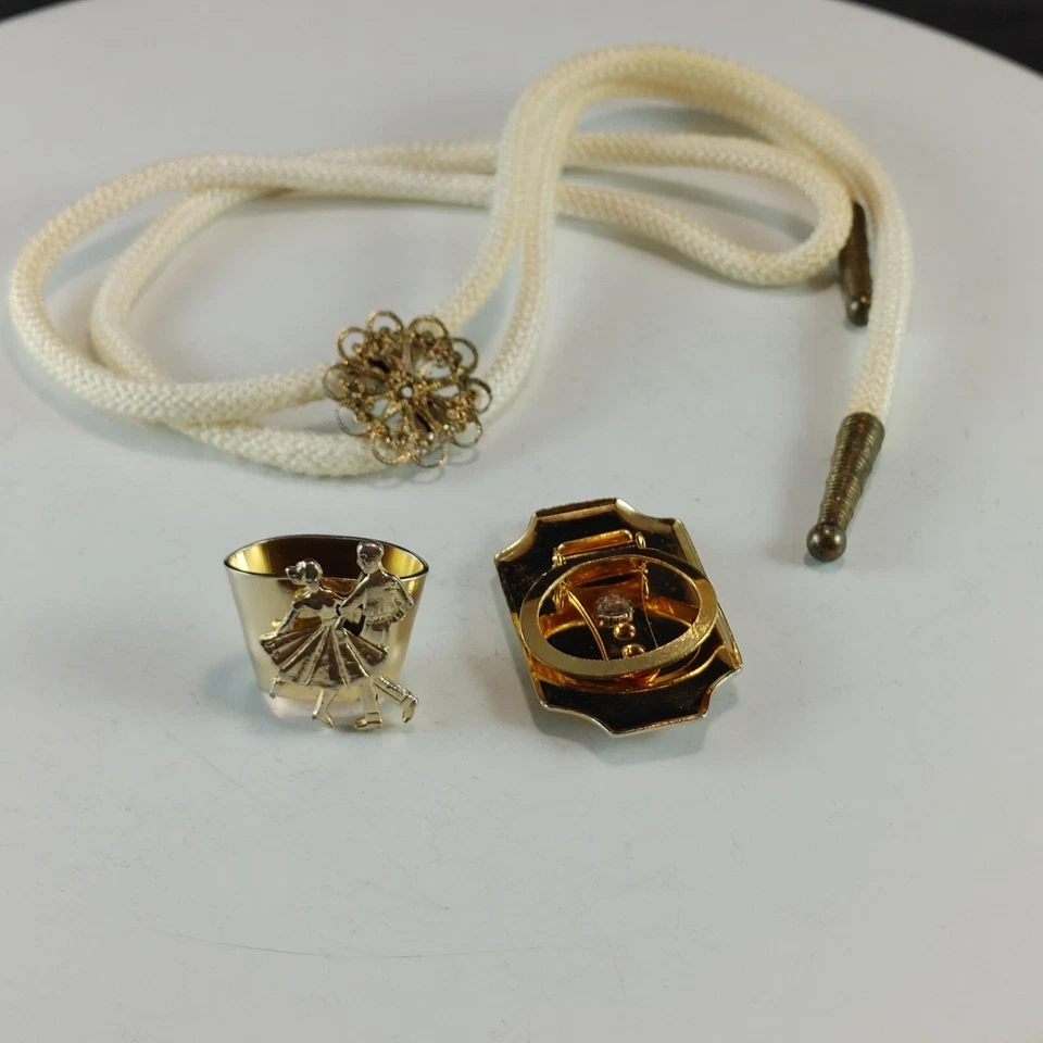 Vtg Lot of 3 Square Dance Tie Clip Scarf Clip and Bolo Tie Jeweler's Brass - Image 3 of 4