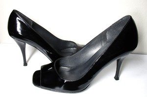 black patent peep toe pumps
