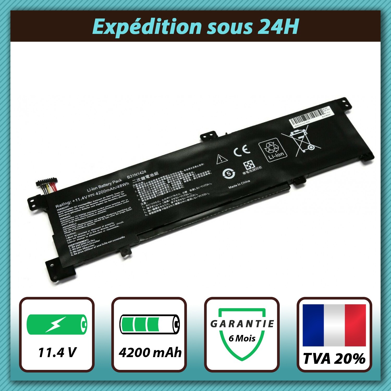 Batterie pour Asus K401 modèle B31N1424 alimentation PC portable 11.4V
