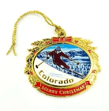 Brass Colorado Christmas Ornament Ski Sanborn Metal Souvenir 2 1/2"  x 2 1/4"