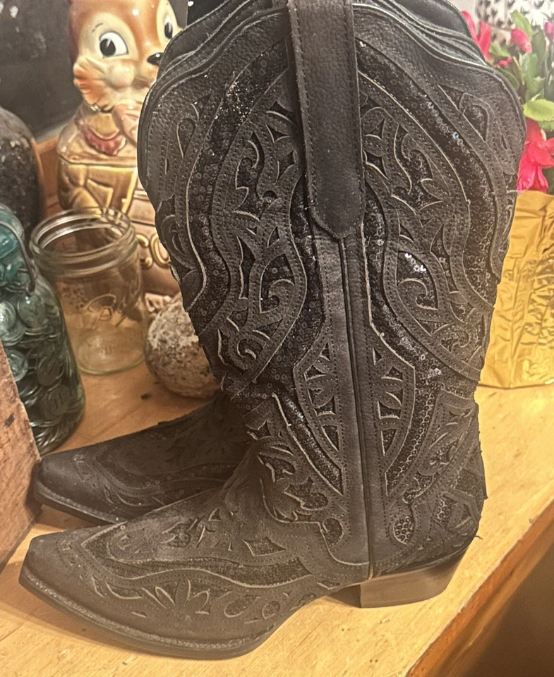 Botas de cuero occidentales para mujer JB Dillon Reserve lentejuelas negras talla 10 04017 nuevas con etiquetas Foto 3 de 4