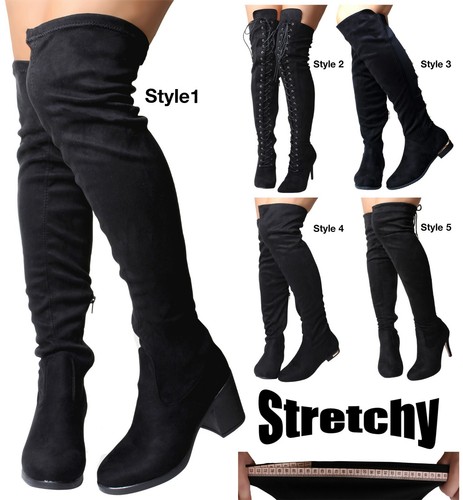 Womens Black Heel Suede Stretch Wide Calf Fit Over The Knee High Stretchy Boots - Afbeelding 1 van 52