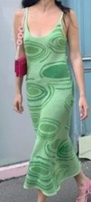 Small Fuzzy Green Tie Dye Cut Out Back Spaghetti Strap Midi Sweater Dress.     c