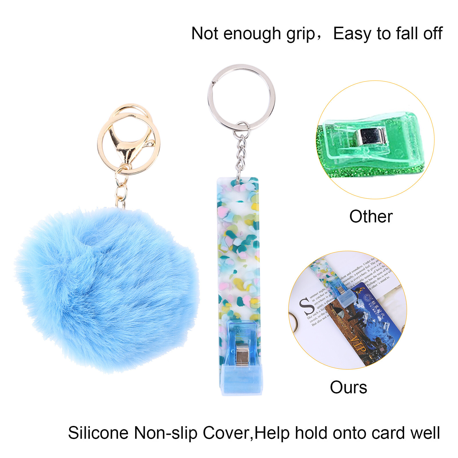 Credit Card Puller Debit Bank Card Grabber Keychain with Pom Pom Ball