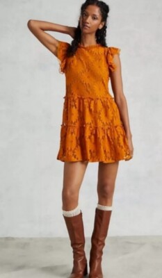 Anthropologie Blue Tassel Women Dress Mini Bronze Tiered Lace Tunic Sz M