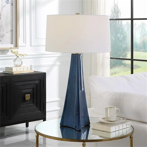 Uttermost Teramo 1-Light Ceramic & Fabric Table Lamp in White/Distressed Blue - Picture 2 of 7
