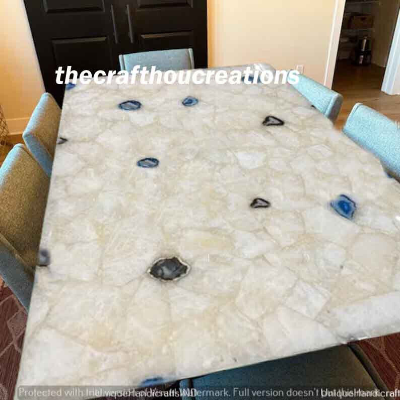 White Quartz Agate Dining Table Top, Quartz Agate Living Room Kitchen Slab Top
