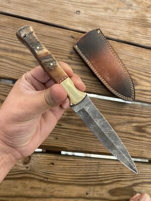 9'' CUSTOM HAND CRAFTED DAMASCUS STEEL DAGGER BOOT Knife Ram Horn & Brass Handle