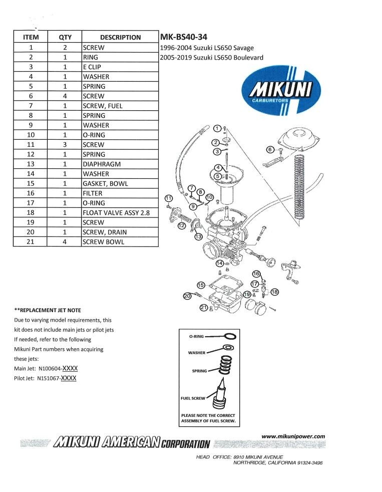 Genuine Mikuni Carb Rebuild Kit MK-BS40-34 1996-2019 Suzuki LS650