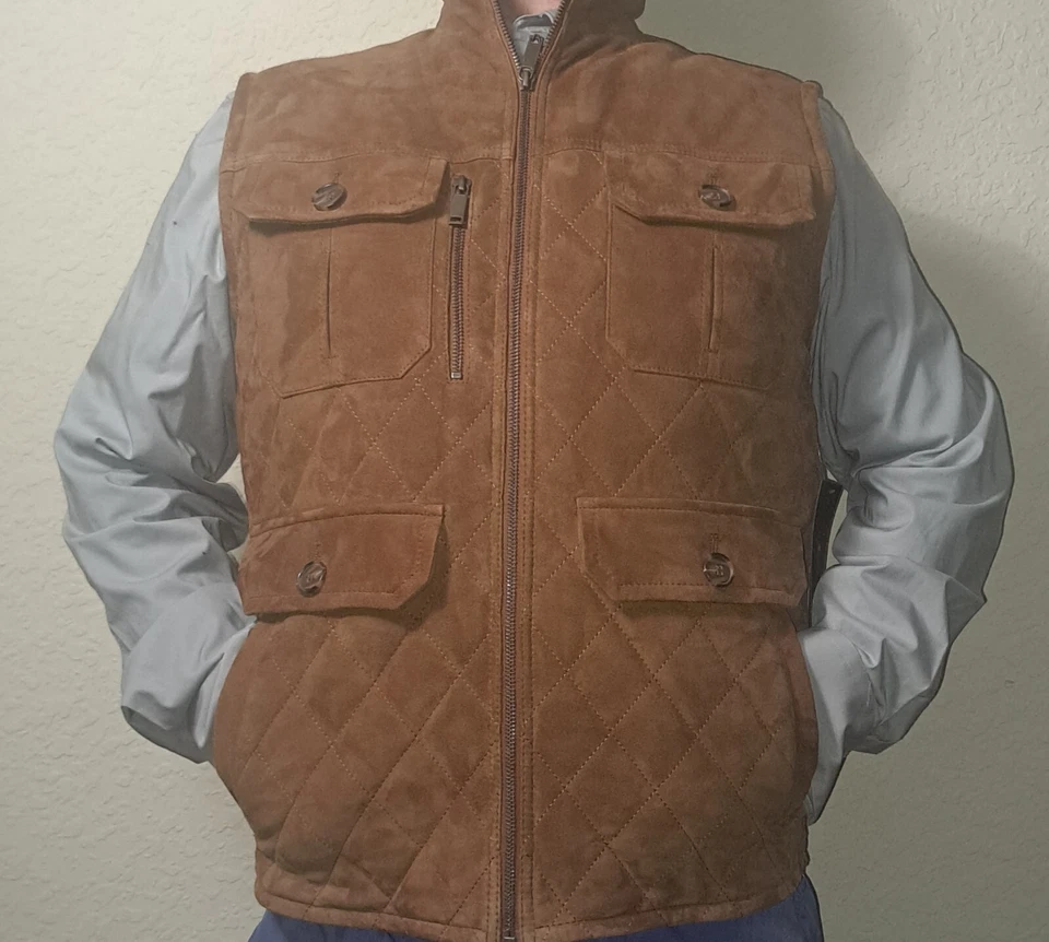 Chaleco de cuero de gamuza Roundtree & Yorke con cremallera completa.  Brown.M.  Foto 2 de 4