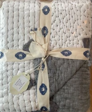 JOHN ROBSHAW TEXTILES~SAHATI~QUILTED-THROW~HAND STITCHED~MSRP$300~gray/white~NWT