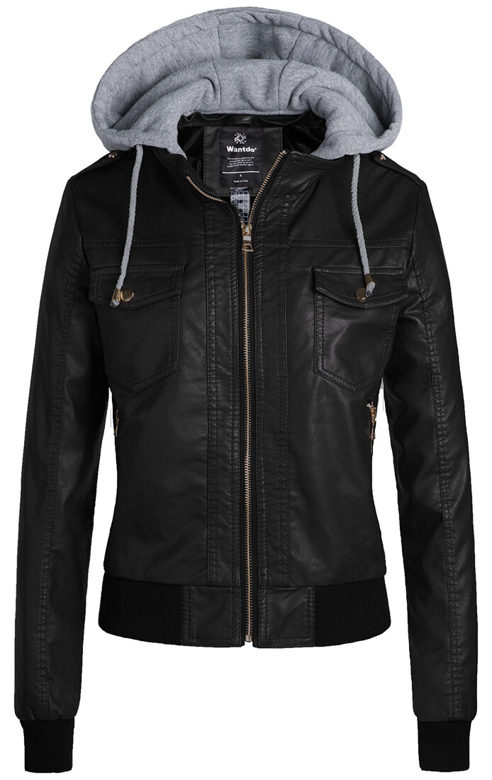 Wantdo Women's Leather Jacket Motorcycle Removable Hood Bomber