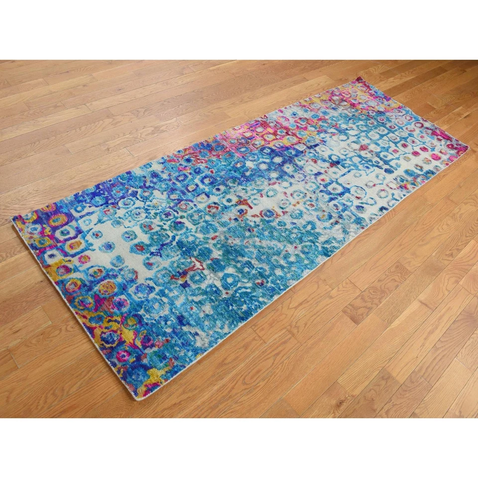 3'x8'2" Blue THE PEACOCK Sari Silk Colorful Hand Knotted Runner Rug G87689 - Image 3 of 4