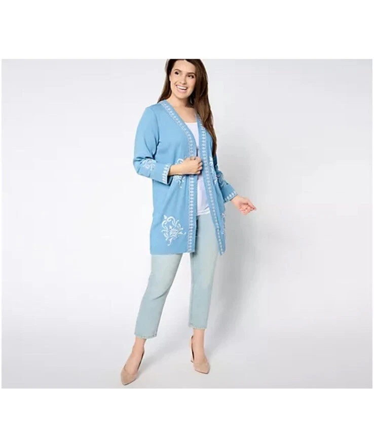 Cárdigan Susan Graver Petite Frente Abierto Cambray Apliques de Encaje Talla XLP Azul Foto 3 de 4