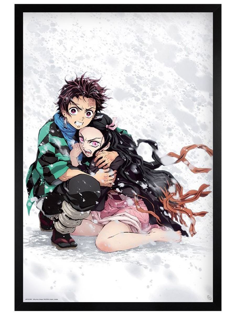 Black Wooden Framed Demon Slayer Tanjiro & Nezuko Snow  Maxi Poster