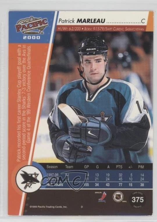 1999-00 Pacific Patrick Marleau #375 - Image 2 of 2