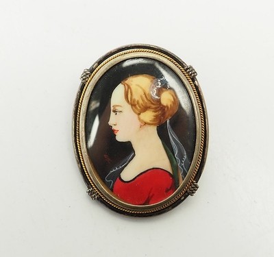 Antique 800 silver hand painted Lady woman profile pin brooch or pendant