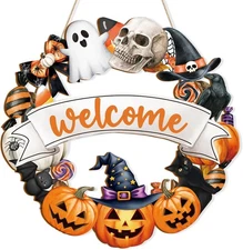 Halloween Decoration Wooden Ghost Door Wreath for Front Door Sign Wall Signs, Pu
